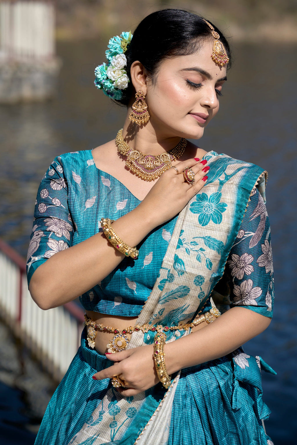 Vedant Vastram Fully Printed Pure Manipuri Silk Lehenga Choli With Blouse & Dupatta - Turquoise | Grocsy