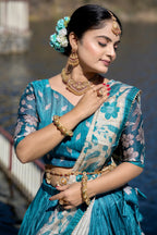 Vedant Vastram Fully Printed Pure Manipuri Silk Lehenga Choli With Blouse & Dupatta - Turquoise | Grocsy
