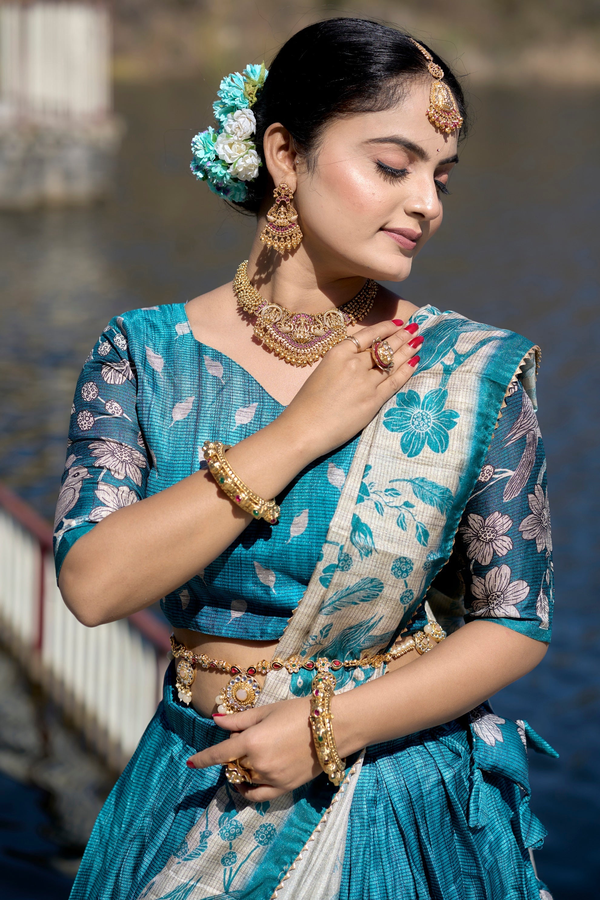 Vedant Vastram Fully Printed Pure Manipuri Silk Lehenga Choli With Blouse & Dupatta - Turquoise | Grocsy
