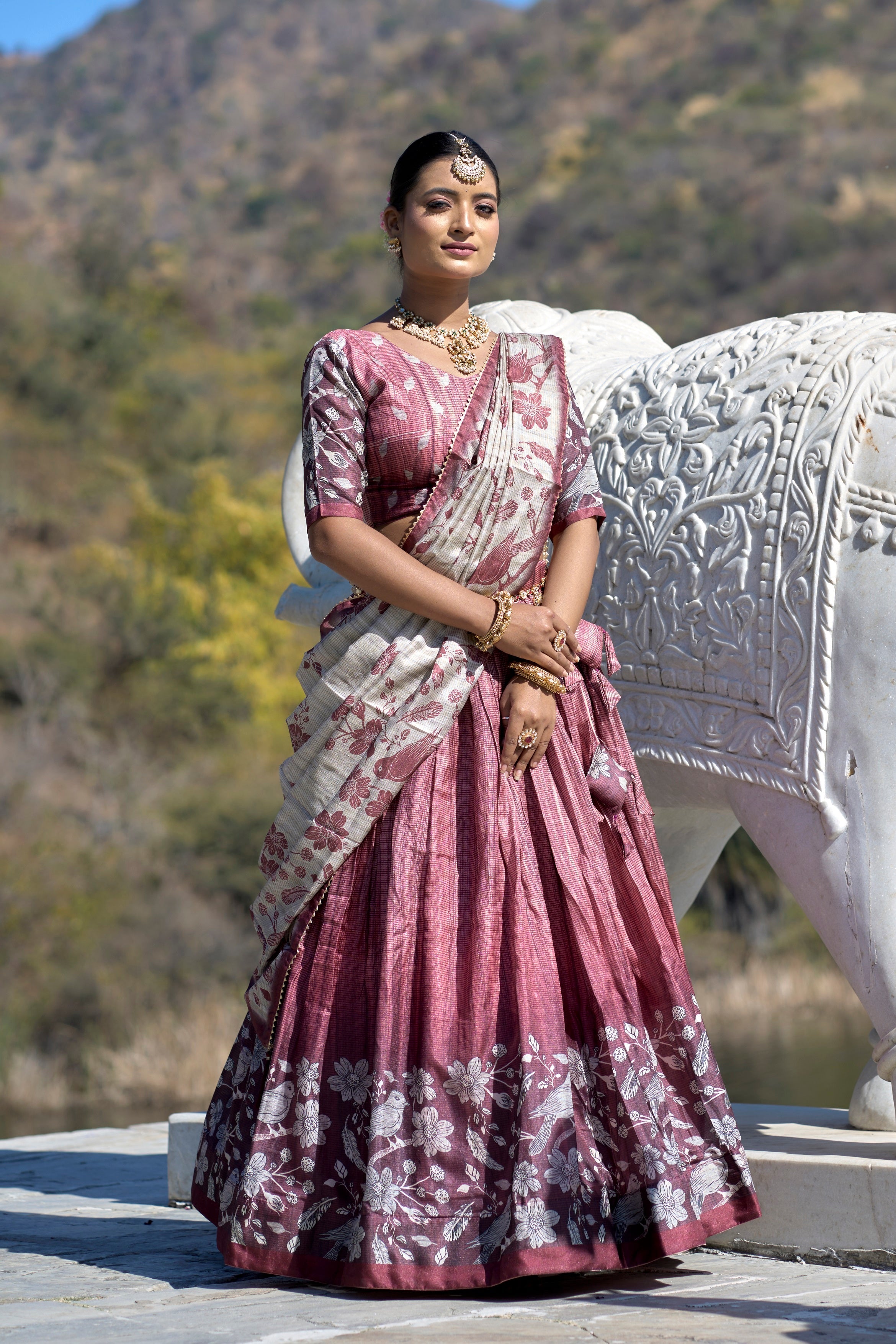 Vedant Vastram Fully Printed Pure Manipuri Silk Lehenga Choli With Blouse & Dupatta - Pink | Grocsy