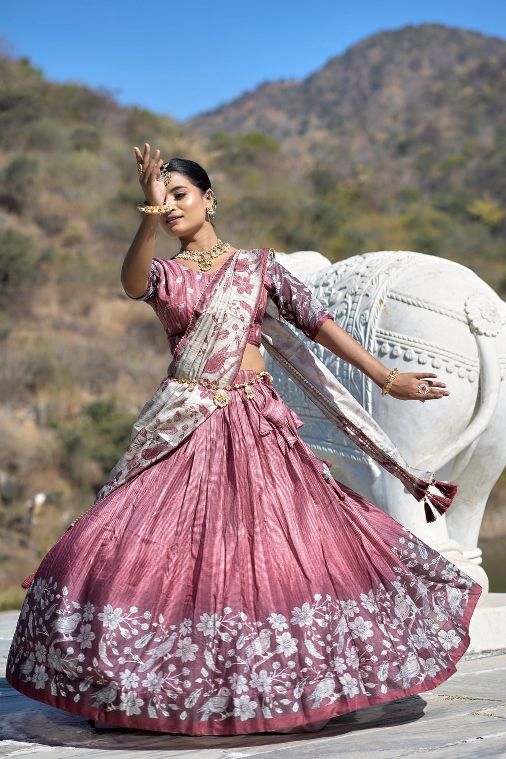 Vedant Vastram Fully Printed Pure Manipuri Silk Lehenga Choli With Blouse & Dupatta - Pink | Grocsy