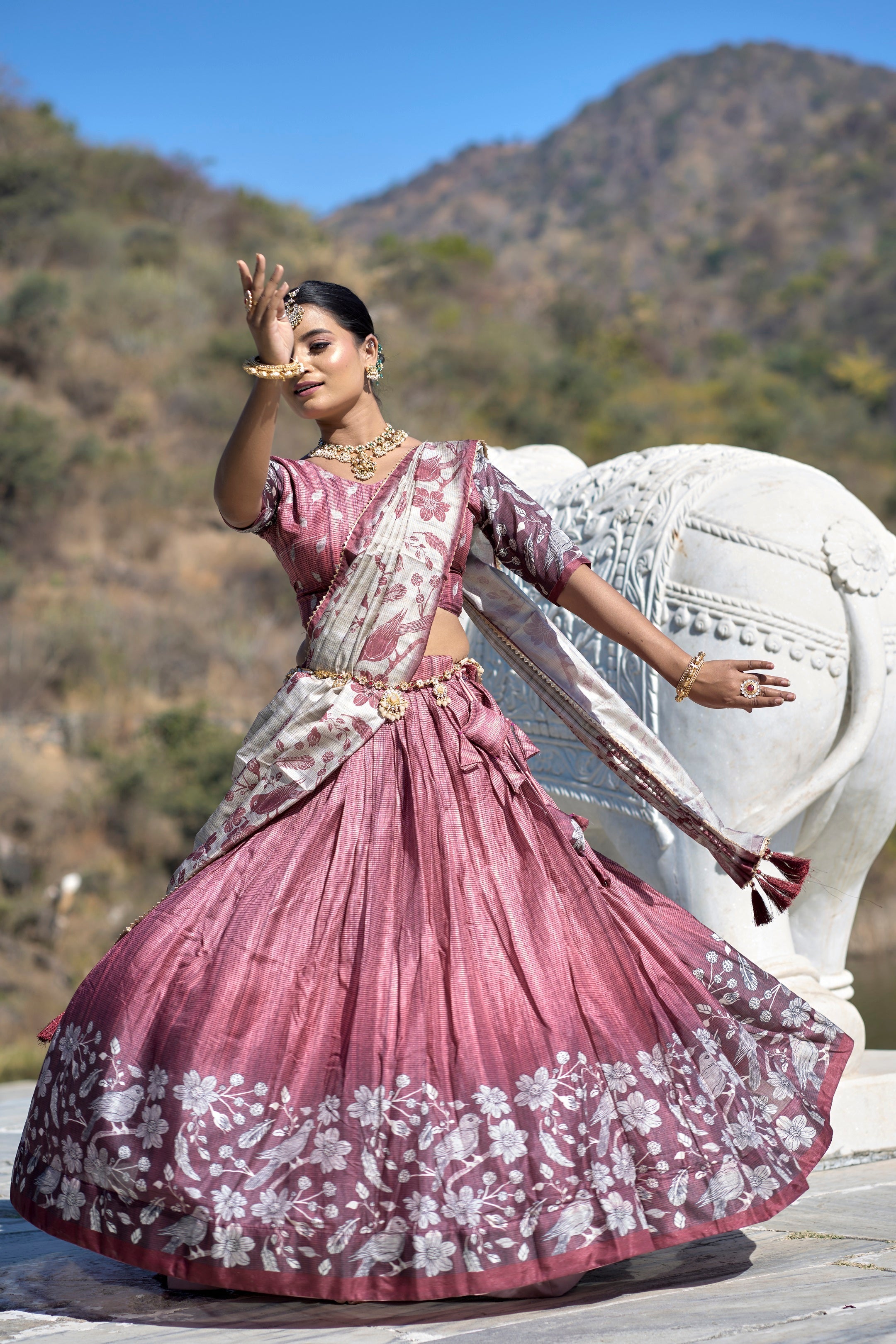 Vedant Vastram Fully Printed Pure Manipuri Silk Lehenga Choli With Blouse & Dupatta - Pink | Grocsy
