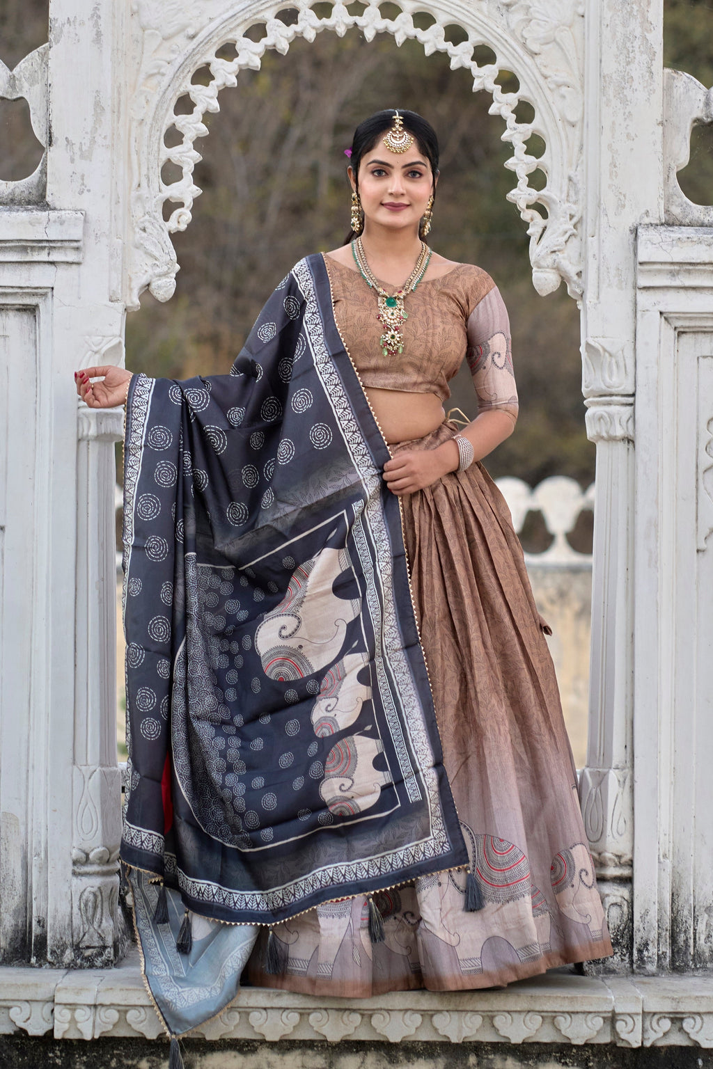 Vedant Vastram Fully Printed Pure Manipuri Silk Lehenga Choli With Blouse & Dupatta - Brown | Grocsy