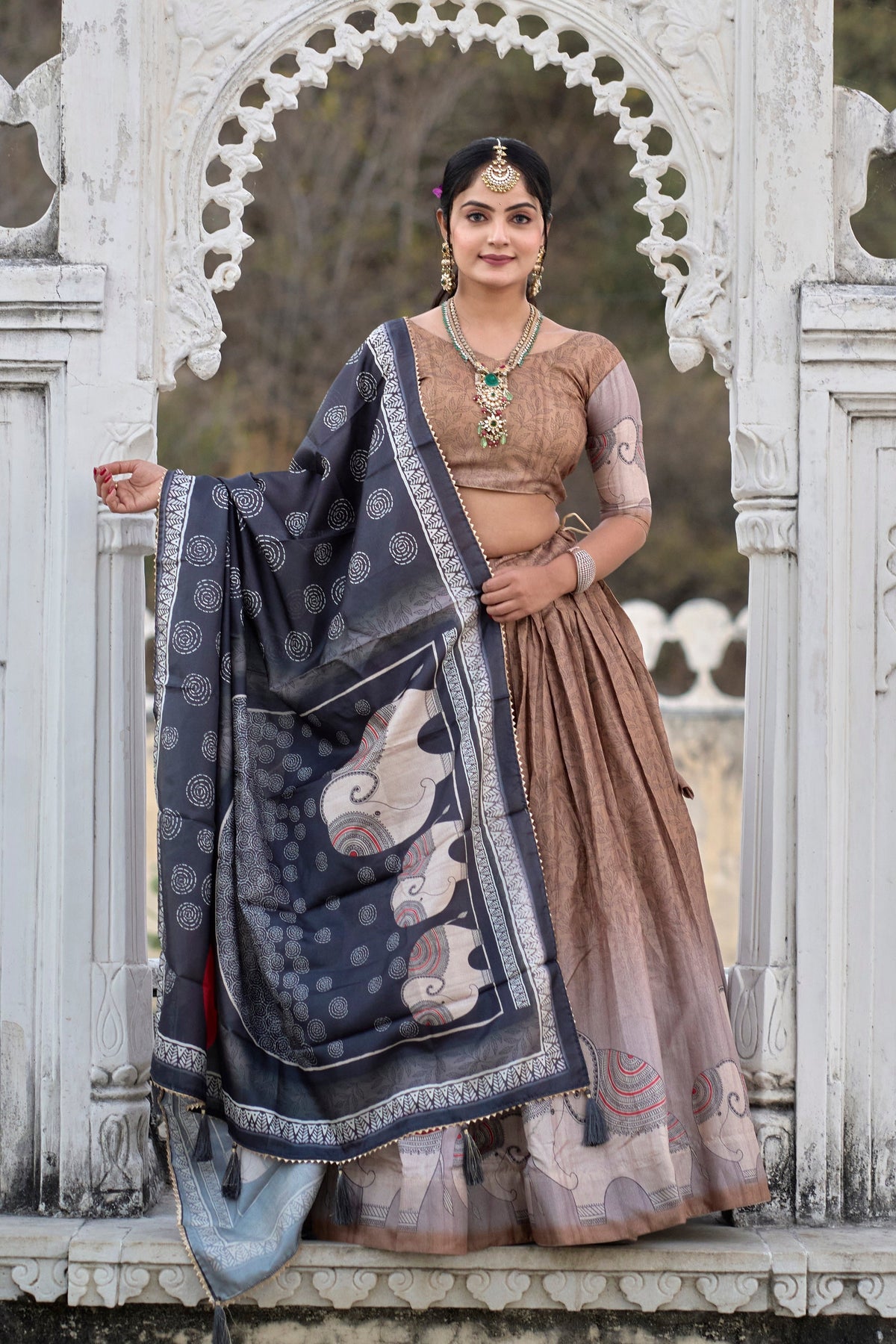 Vedant Vastram Fully Printed Pure Manipuri Silk Lehenga Choli With Blouse & Dupatta - Brown | Grocsy