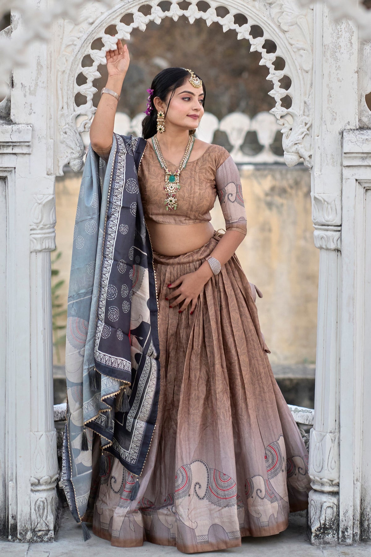 Vedant Vastram Fully Printed Pure Manipuri Silk Lehenga Choli With Blouse & Dupatta - Brown | Grocsy