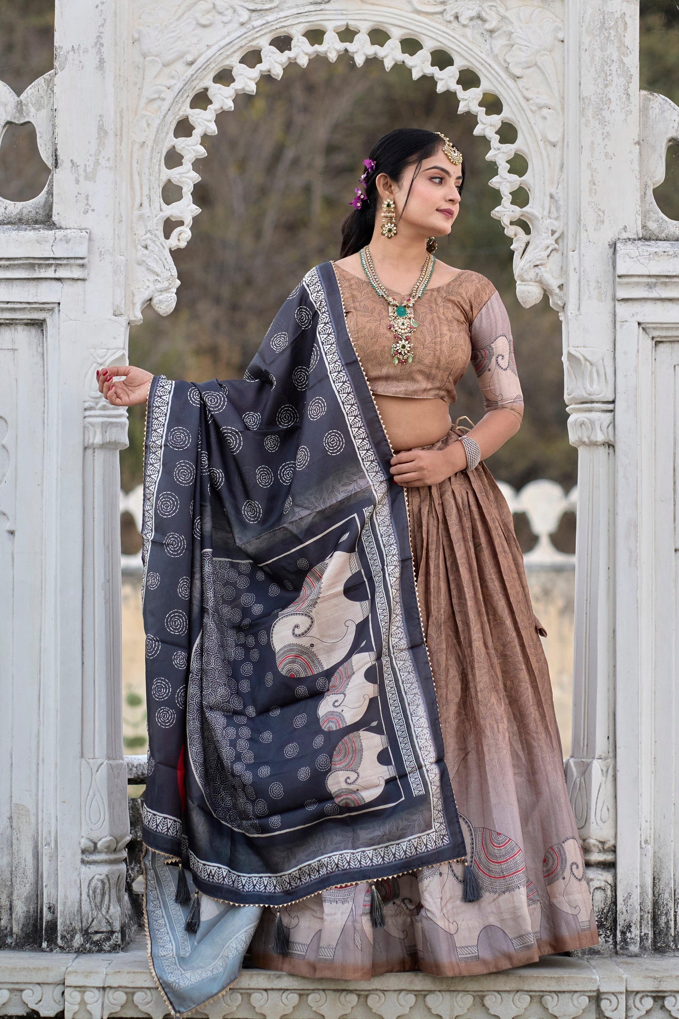 Vedant Vastram Fully Printed Pure Manipuri Silk Lehenga Choli With Blouse & Dupatta - Brown | Grocsy