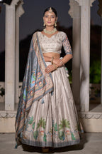 Vedant Vastram Fully Printed Pure Manipuri Silk Lehenga Choli With Blouse & Dupatta - Beige | Grocsy