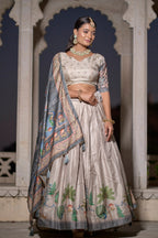 Vedant Vastram Fully Printed Pure Manipuri Silk Lehenga Choli With Blouse & Dupatta - Beige | Grocsy