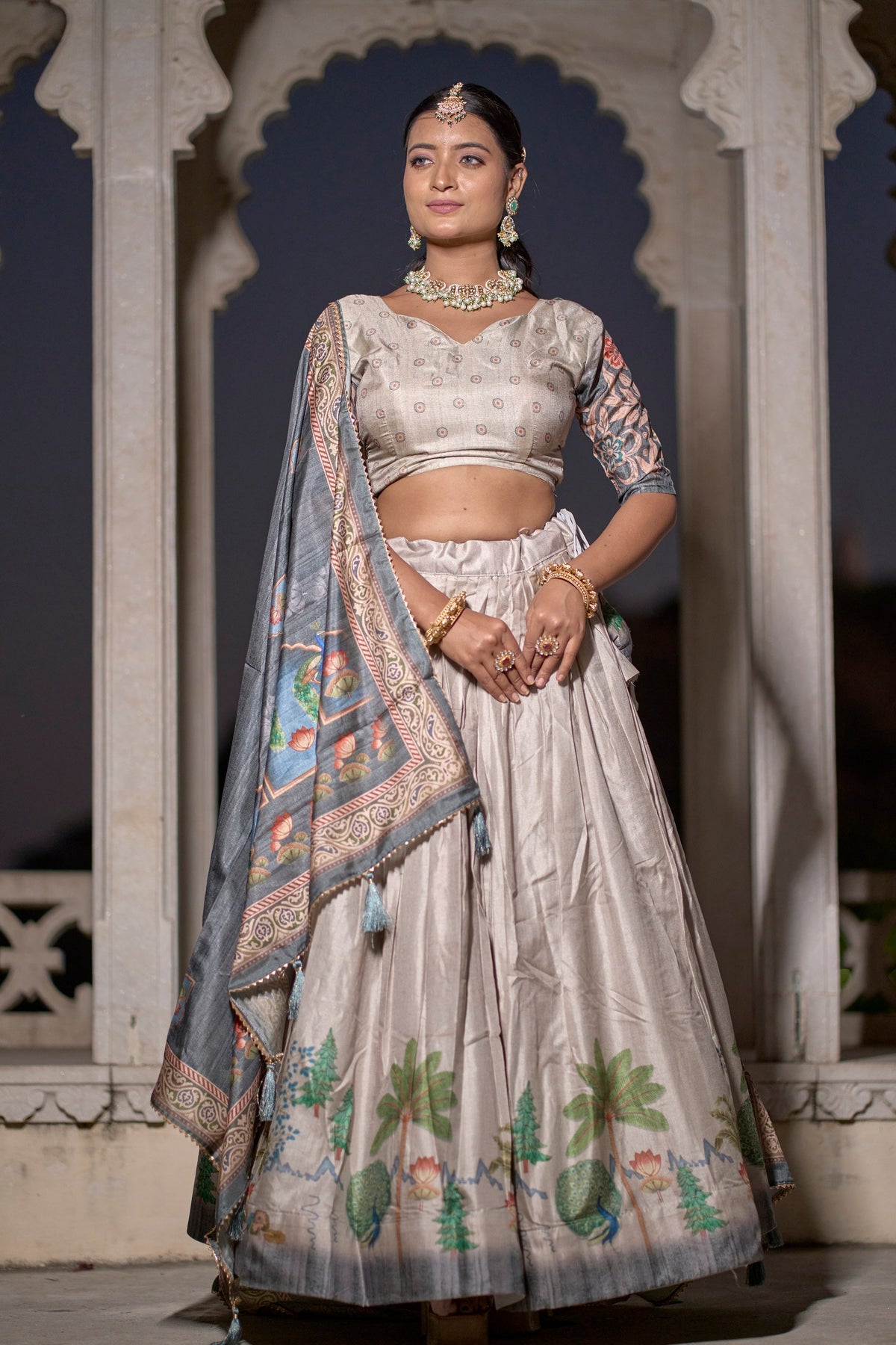 Vedant Vastram Fully Printed Pure Manipuri Silk Lehenga Choli With Blouse & Dupatta - Beige | Grocsy