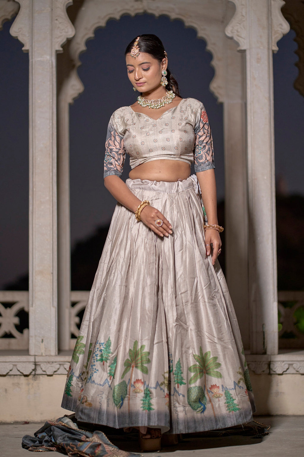 Vedant Vastram Fully Printed Pure Manipuri Silk Lehenga Choli With Blouse & Dupatta - Beige | Grocsy