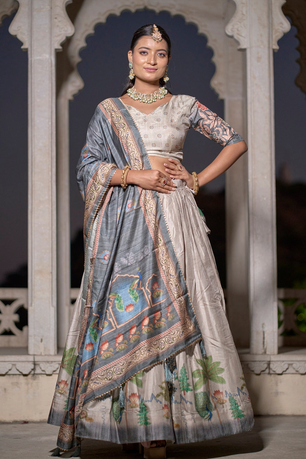 Vedant Vastram Fully Printed Pure Manipuri Silk Lehenga Choli With Blouse & Dupatta - Beige | Grocsy