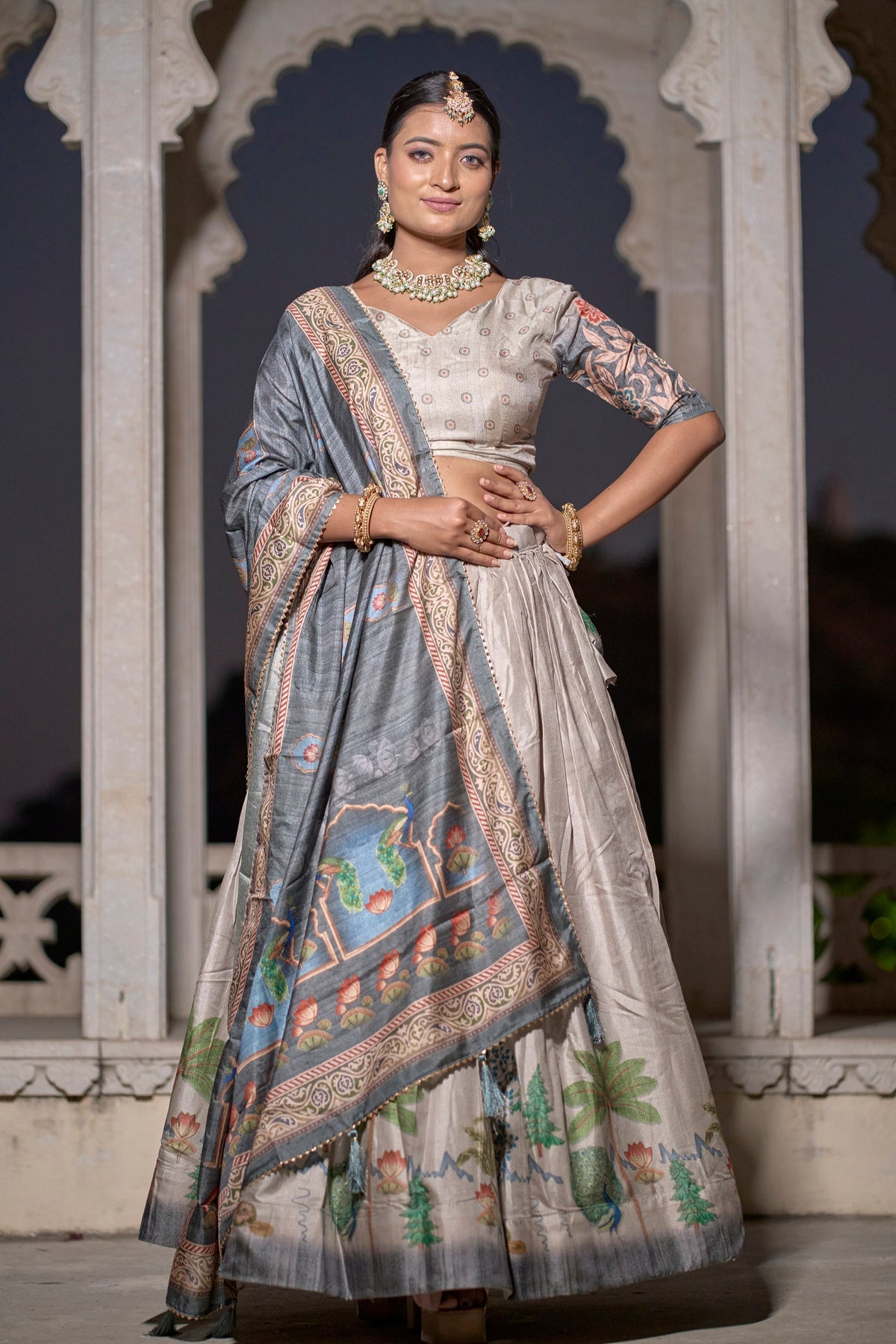 Vedant Vastram Fully Printed Pure Manipuri Silk Lehenga Choli With Blouse & Dupatta - Beige | Grocsy