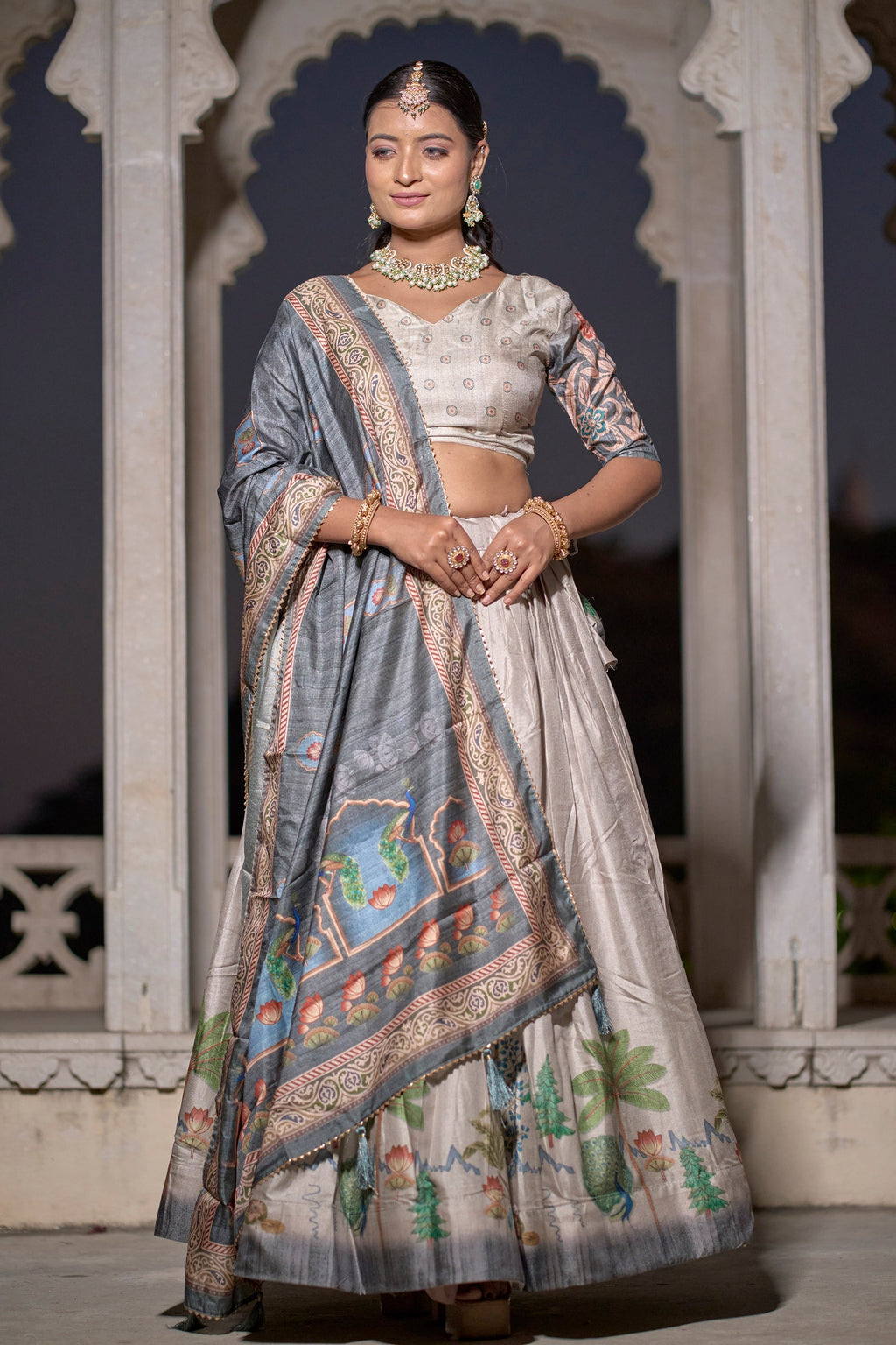 Vedant Vastram Fully Printed Pure Manipuri Silk Lehenga Choli With Blouse & Dupatta - Beige | Grocsy