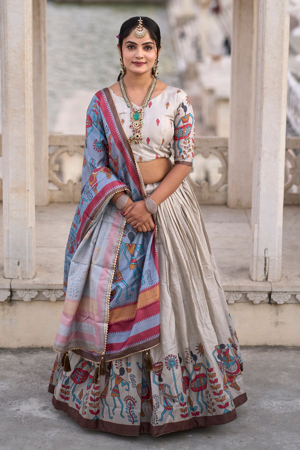 Vedant Vastram Fully Printed Pure Manipuri Silk Lehenga Choli With Blouse & Dupatta - Beige | Grocsy