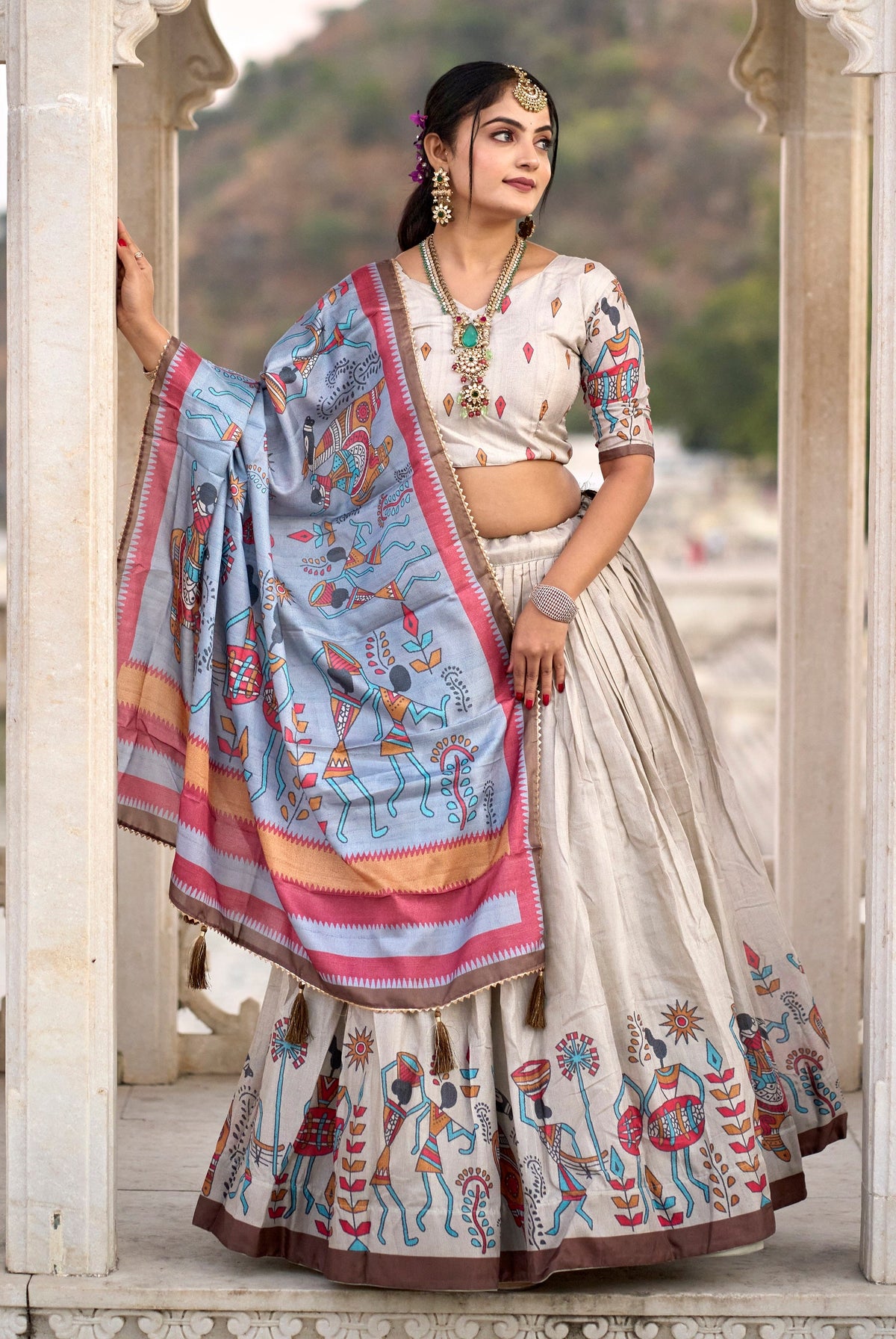 Vedant Vastram Fully Printed Pure Manipuri Silk Lehenga Choli With Blouse & Dupatta - Beige | Grocsy