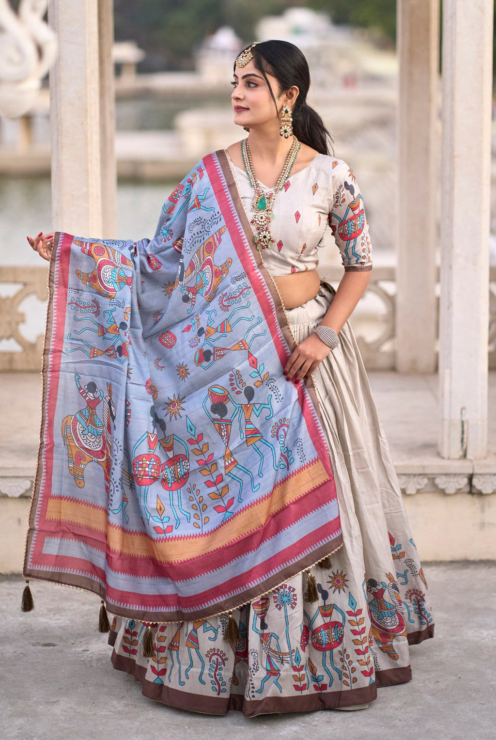 Vedant Vastram Fully Printed Pure Manipuri Silk Lehenga Choli With Blouse & Dupatta - Beige | Grocsy
