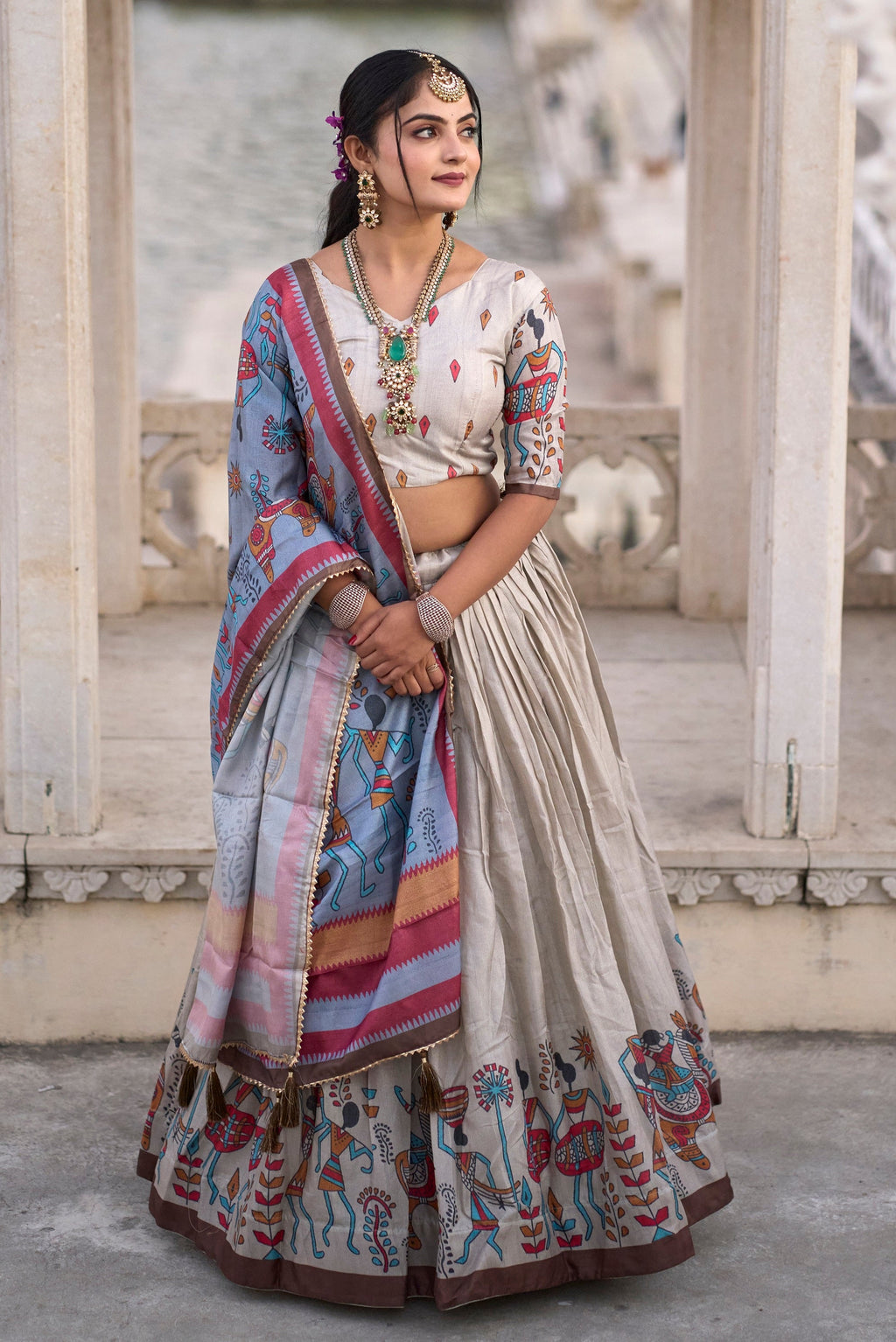 Vedant Vastram Fully Printed Pure Manipuri Silk Lehenga Choli With Blouse & Dupatta - Beige | Grocsy