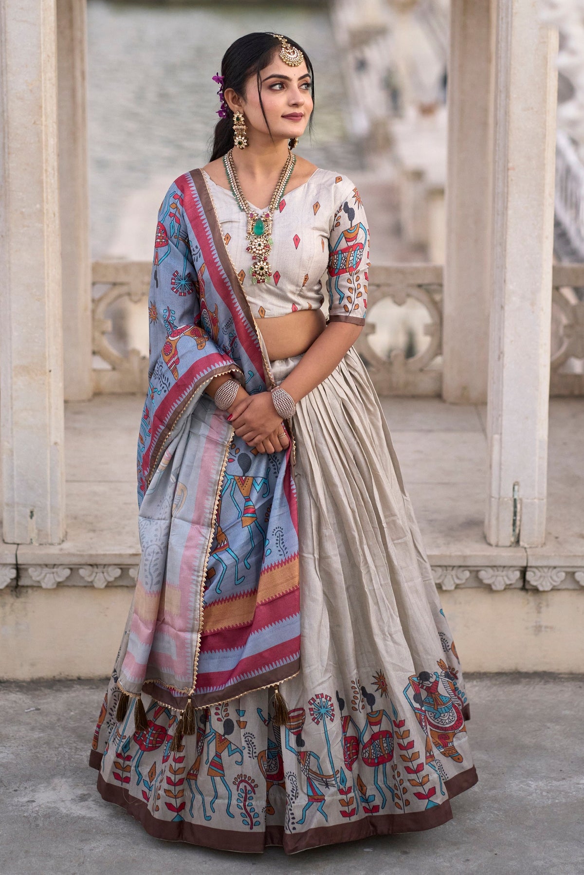 Vedant Vastram Fully Printed Pure Manipuri Silk Lehenga Choli With Blouse & Dupatta - Beige | Grocsy