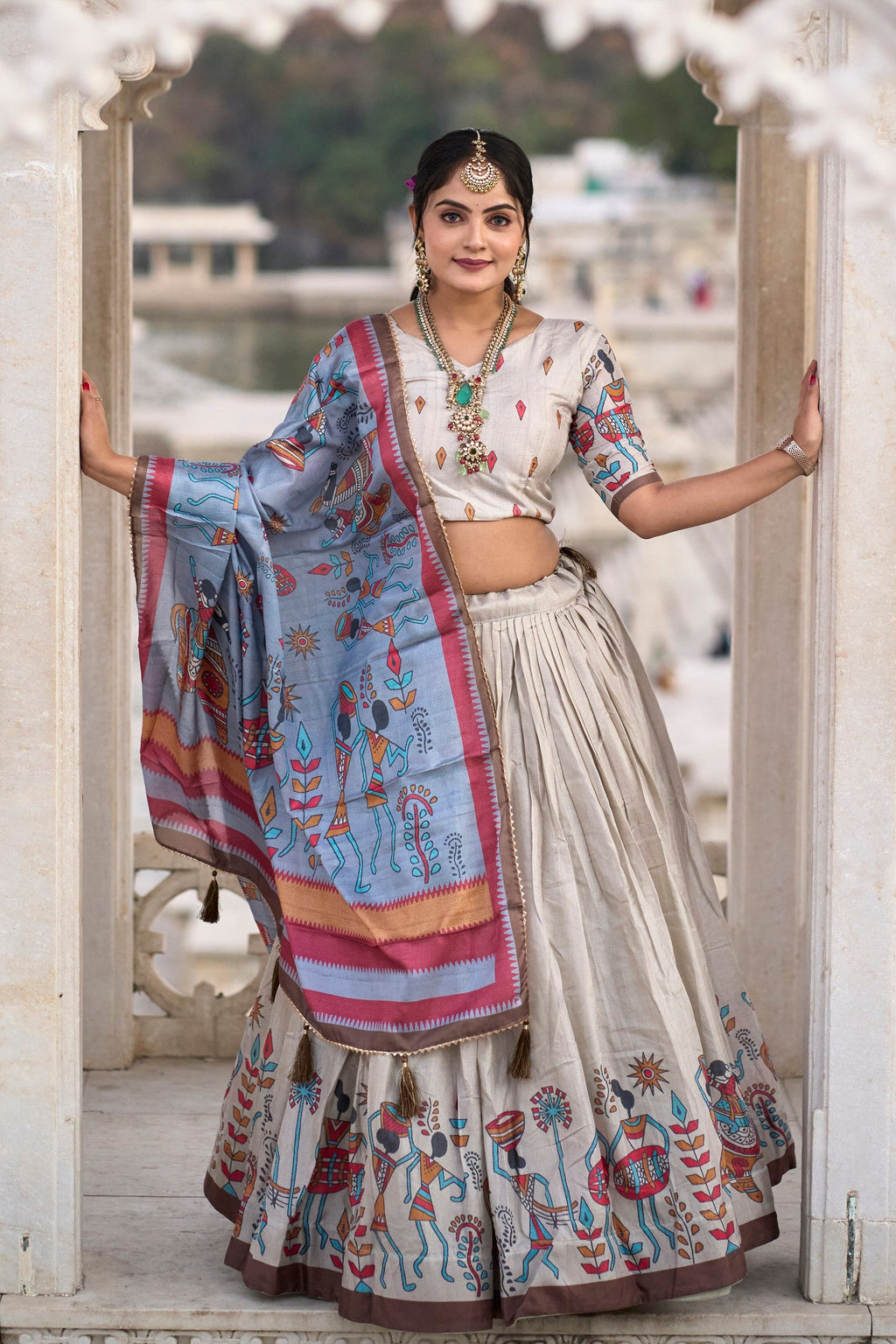 Vedant Vastram Fully Printed Pure Manipuri Silk Lehenga Choli With Blouse & Dupatta - Beige | Grocsy