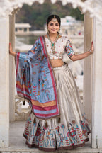 Vedant Vastram Fully Printed Pure Manipuri Silk Lehenga Choli With Blouse & Dupatta - Beige | Grocsy