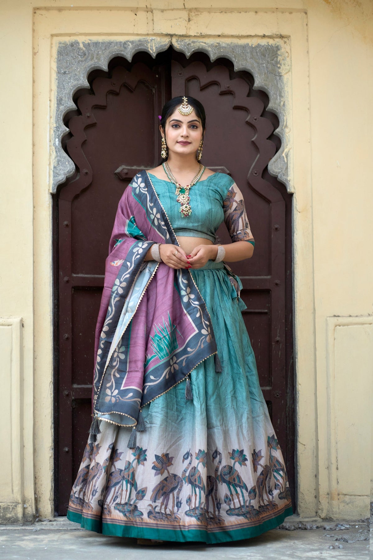 Vedant Vastram Fully Printed Pure Manipuri Silk Lehenga Choli With Blouse & Dupatta - Rama | Grocsy
