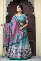 Vedant Vastram Fully Printed Pure Manipuri Silk Lehenga Choli With Blouse & Dupatta - Rama | Grocsy