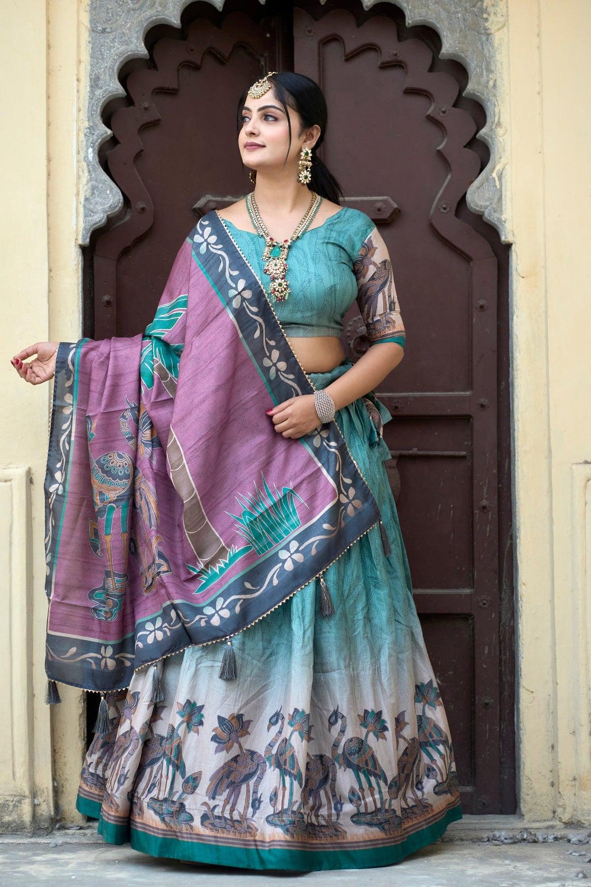 Vedant Vastram Fully Printed Pure Manipuri Silk Lehenga Choli With Blouse & Dupatta - Rama | Grocsy