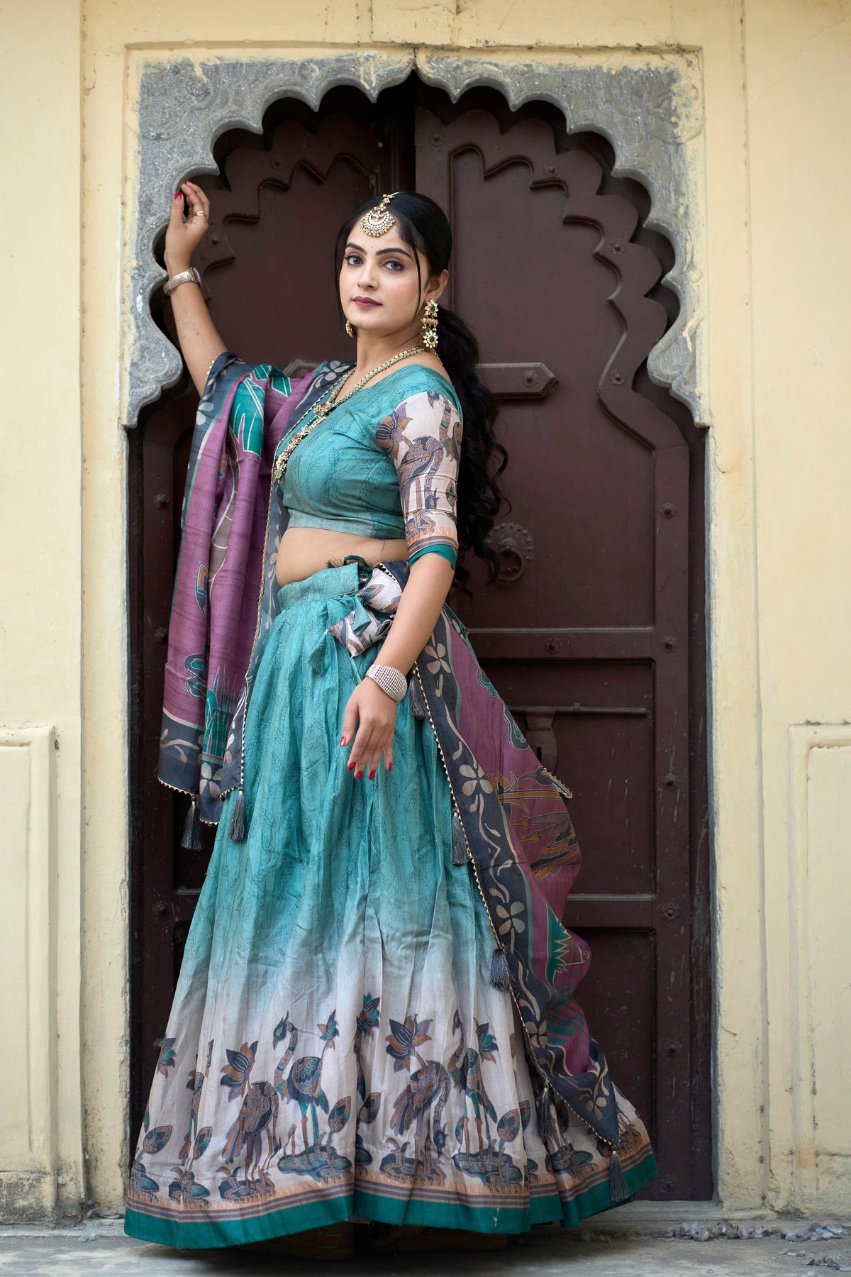 Vedant Vastram Fully Printed Pure Manipuri Silk Lehenga Choli With Blouse & Dupatta - Rama | Grocsy