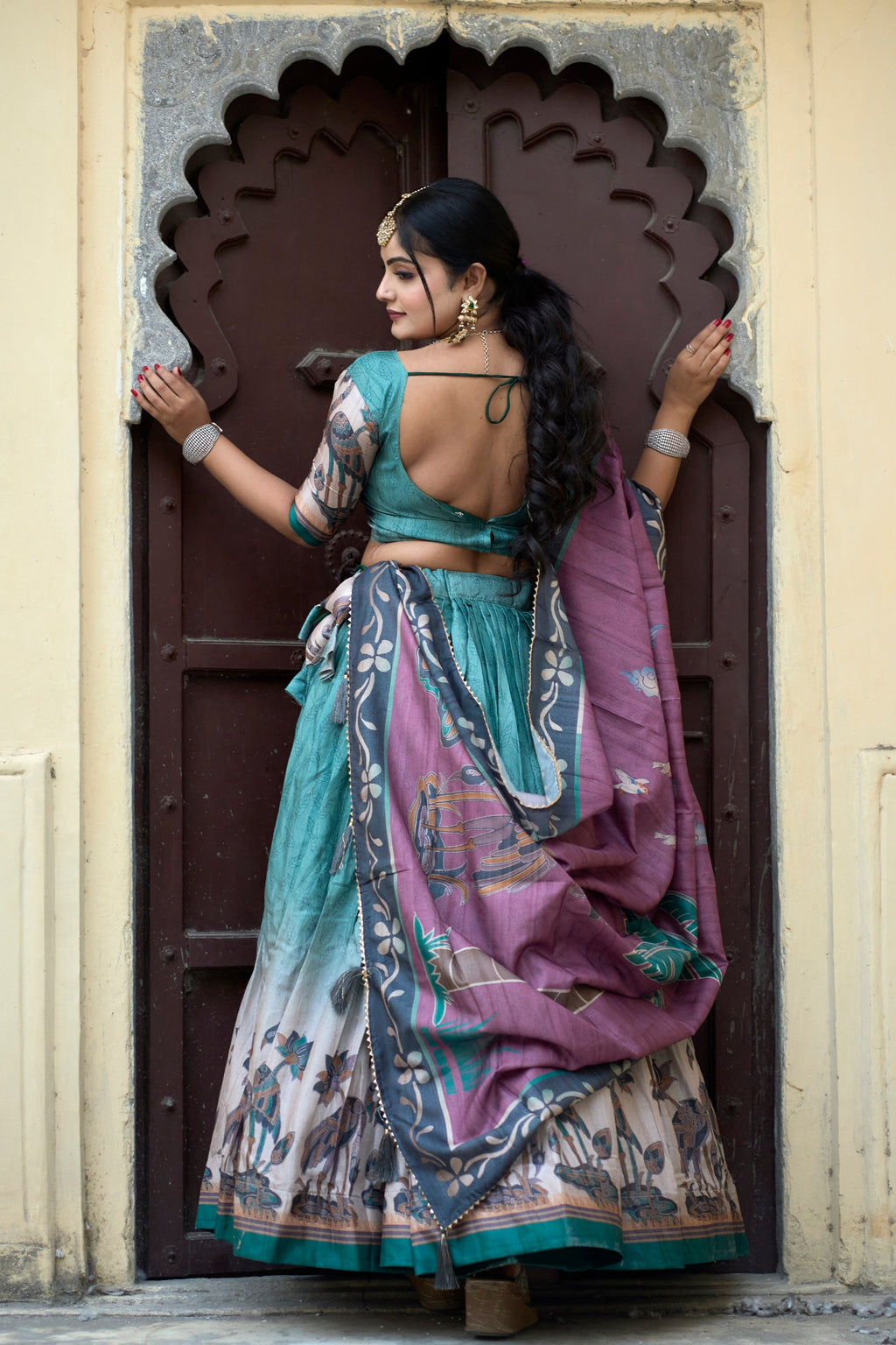 Vedant Vastram Fully Printed Pure Manipuri Silk Lehenga Choli With Blouse & Dupatta - Rama | Grocsy