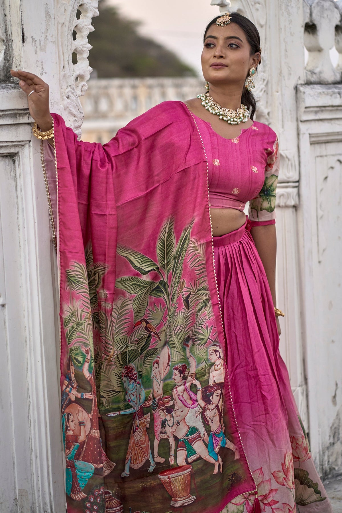 Vedant Vastram Fully Printed Pure Manipuri Silk Lehenga Choli With Blouse & Dupatta - Pink | Grocsy