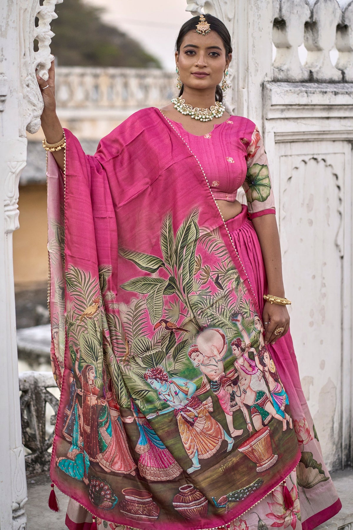 Vedant Vastram Fully Printed Pure Manipuri Silk Lehenga Choli With Blouse & Dupatta - Pink | Grocsy