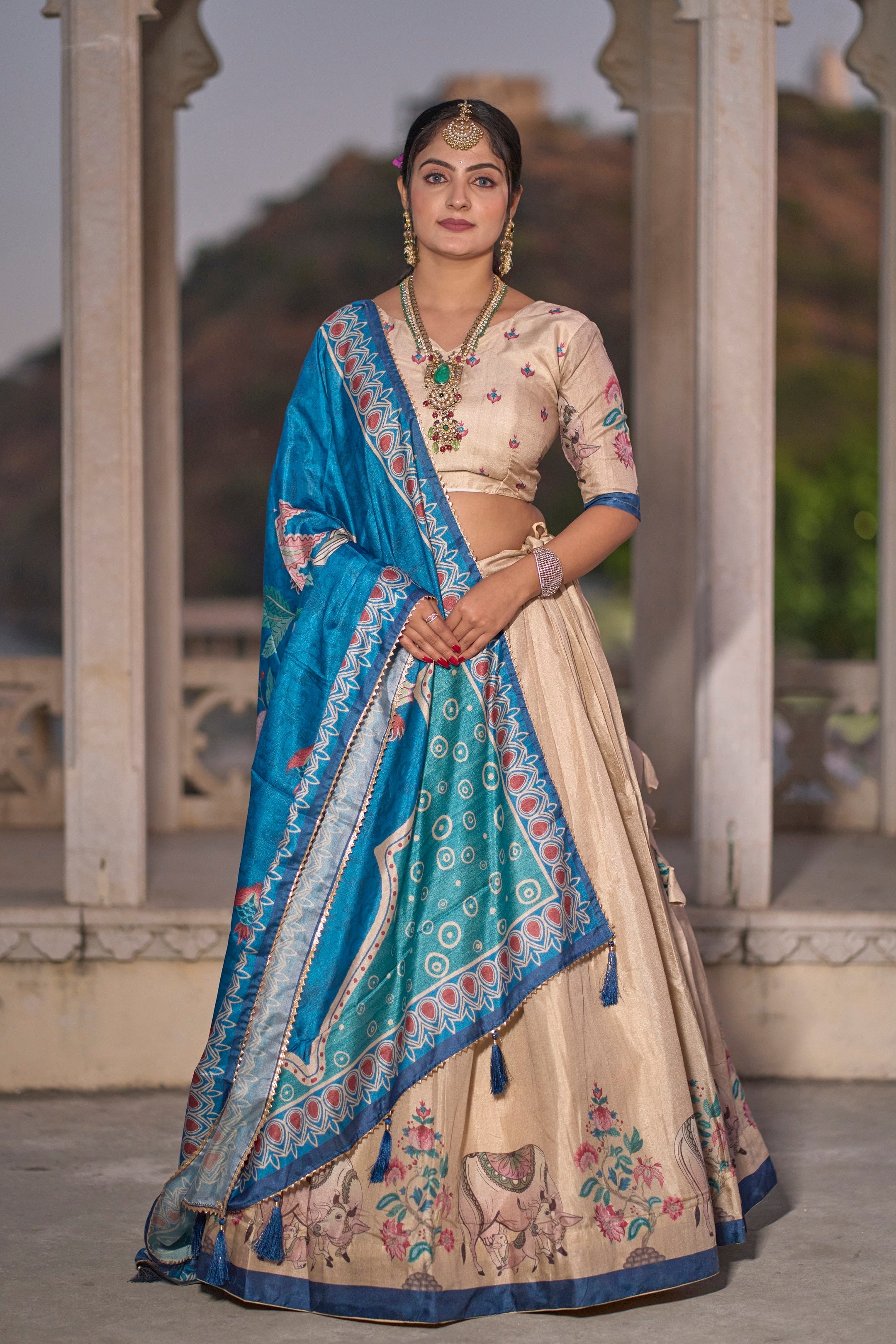 Vedant Vastram Fully Printed Pure Manipuri Silk Lehenga Choli With Blouse & Dupatta - Beige | Grocsy
