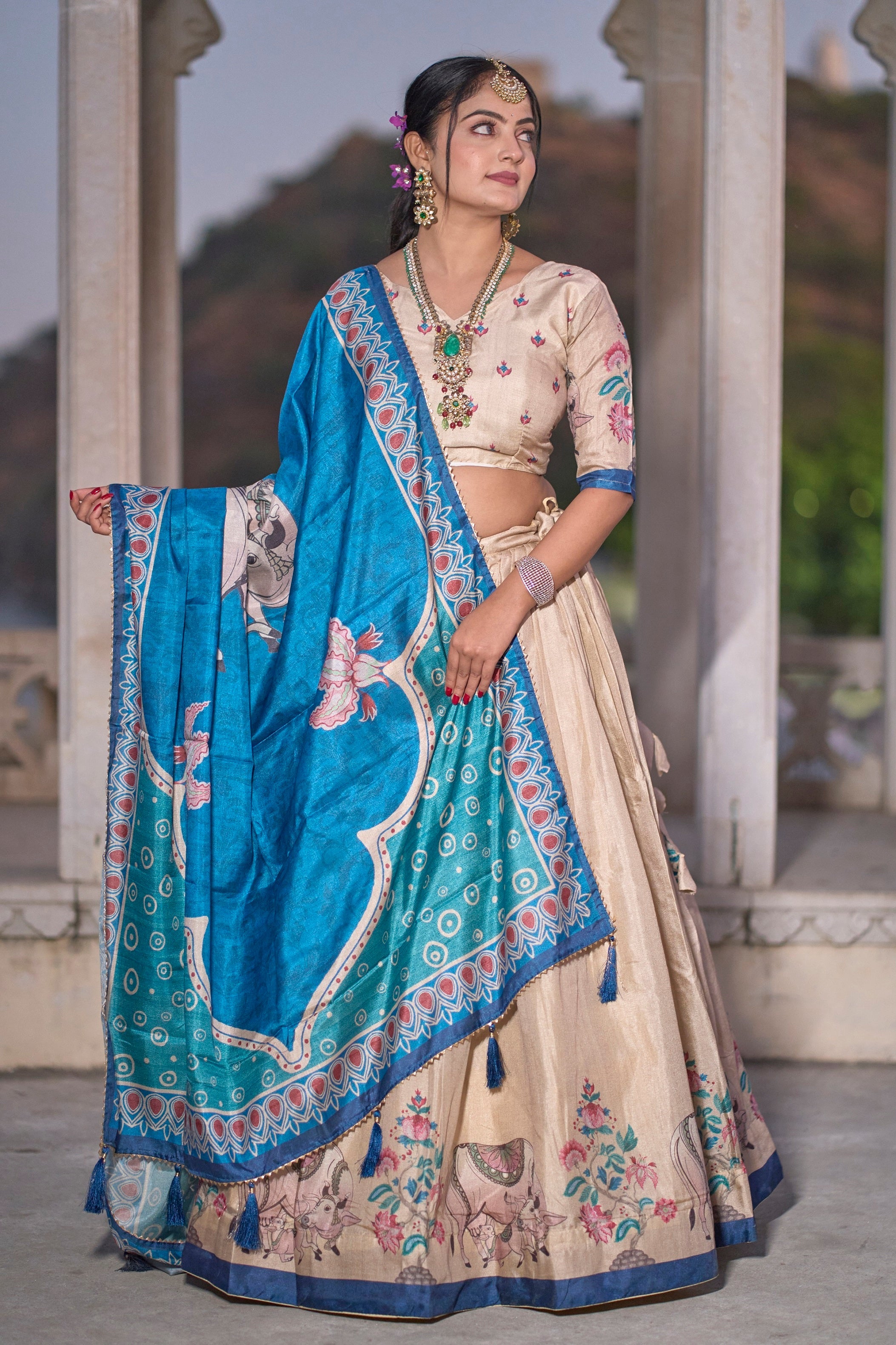 Vedant Vastram Fully Printed Pure Manipuri Silk Lehenga Choli With Blouse & Dupatta - Beige | Grocsy
