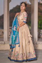 Vedant Vastram Fully Printed Pure Manipuri Silk Lehenga Choli With Blouse & Dupatta - Beige | Grocsy