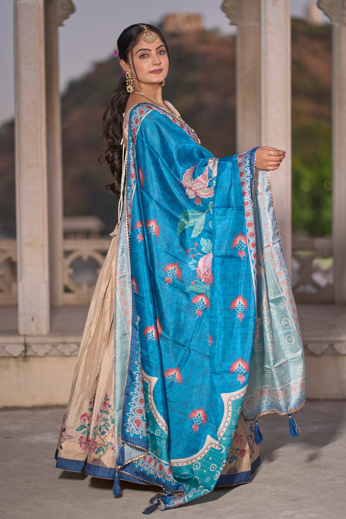 Vedant Vastram Fully Printed Pure Manipuri Silk Lehenga Choli With Blouse & Dupatta - Beige | Grocsy