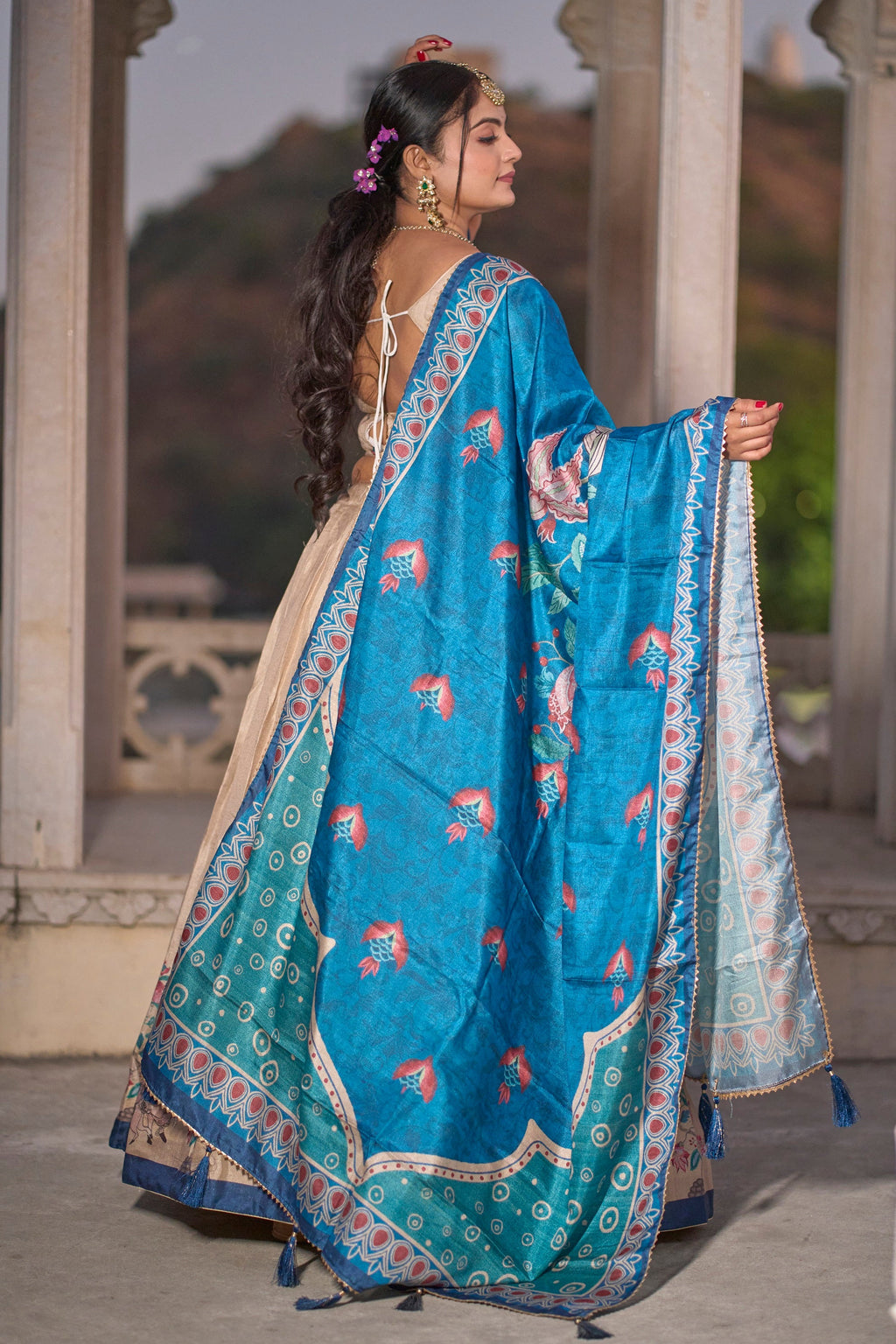 Vedant Vastram Fully Printed Pure Manipuri Silk Lehenga Choli With Blouse & Dupatta - Beige | Grocsy