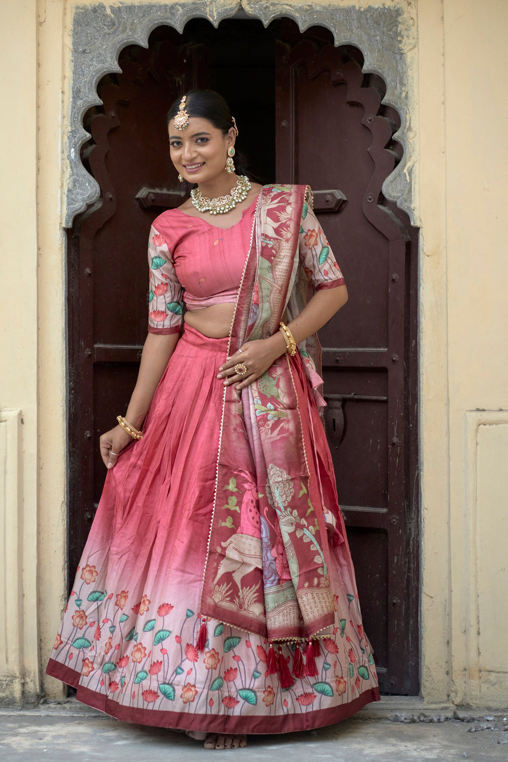 Vedant Vastram Fully Printed Pure Manipuri Silk Lehenga Choli With Blouse & Dupatta - Peach | Grocsy