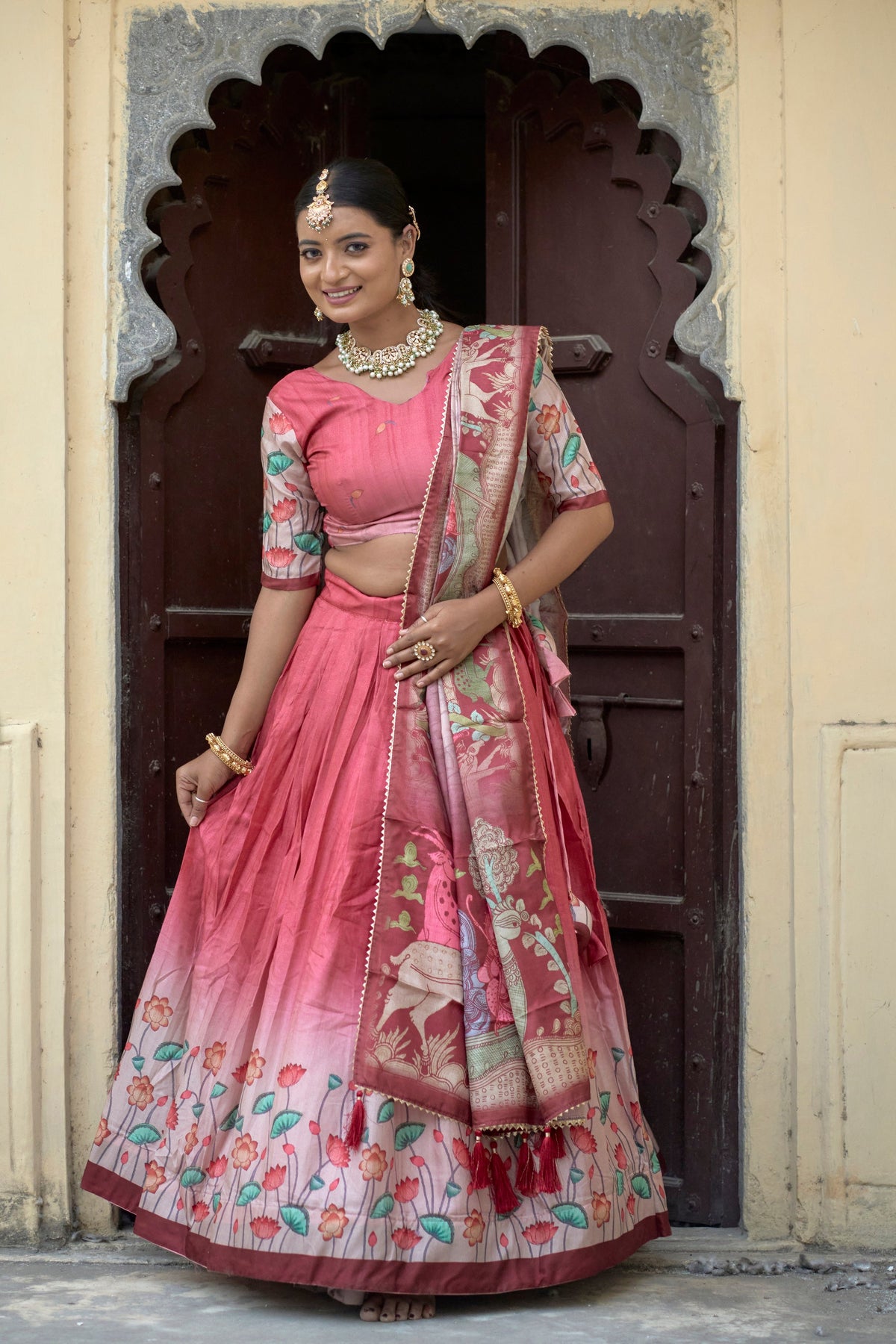 Vedant Vastram Fully Printed Pure Manipuri Silk Lehenga Choli With Blouse & Dupatta - Peach | Grocsy