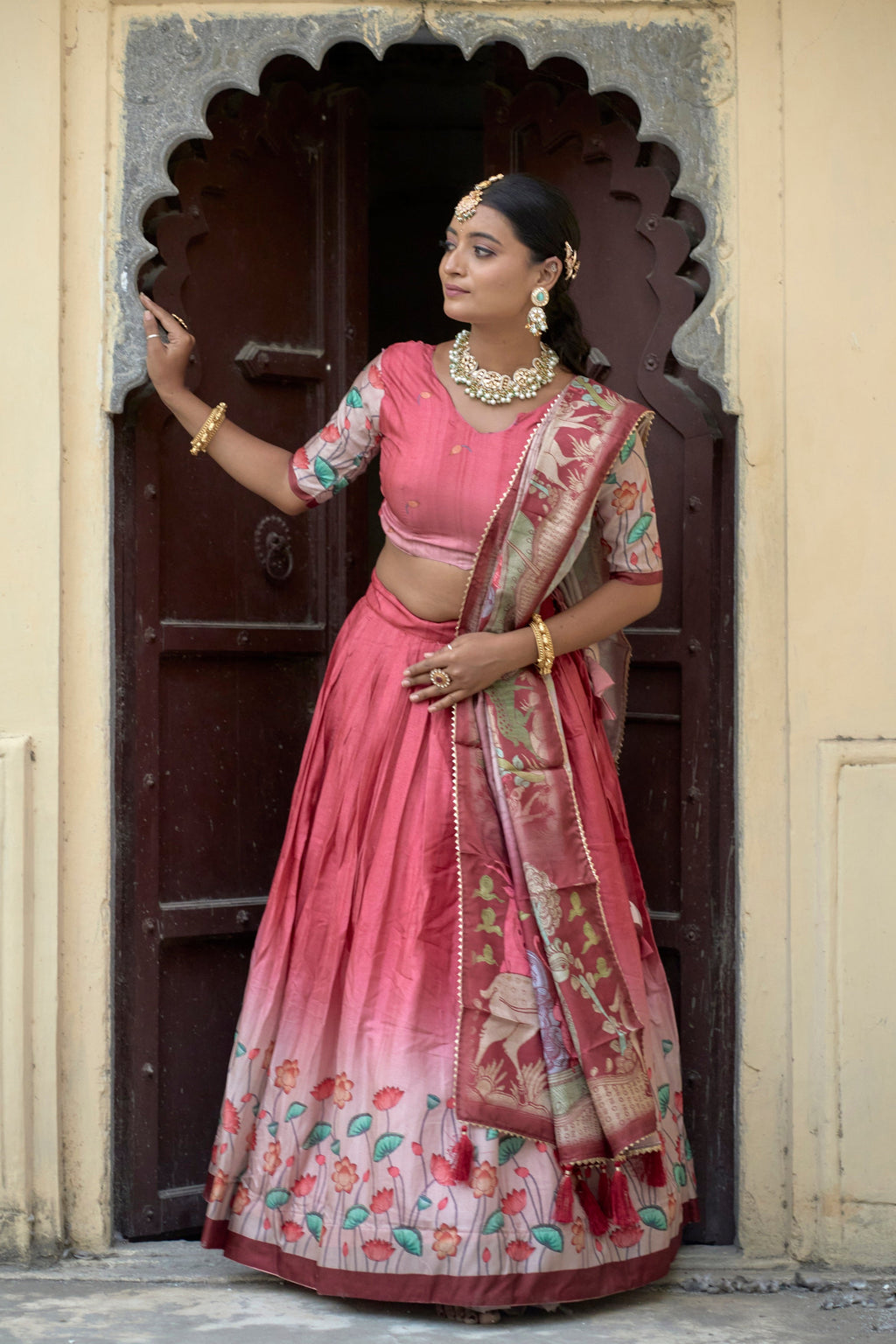 Vedant Vastram Fully Printed Pure Manipuri Silk Lehenga Choli With Blouse & Dupatta - Peach | Grocsy