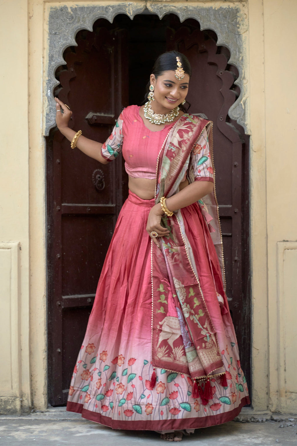 Vedant Vastram Fully Printed Pure Manipuri Silk Lehenga Choli With Blouse & Dupatta - Peach | Grocsy
