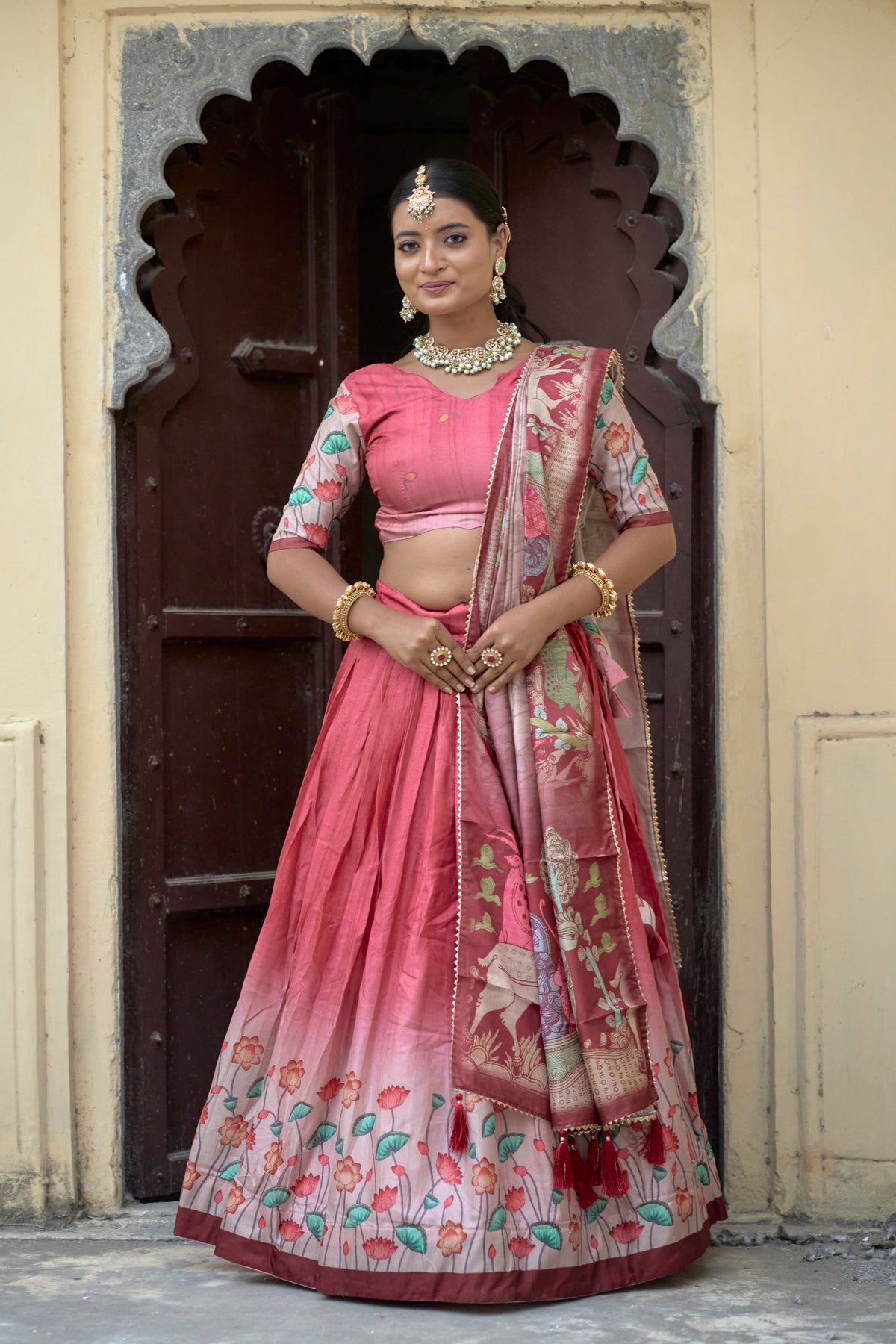 Vedant Vastram Fully Printed Pure Manipuri Silk Lehenga Choli With Blouse & Dupatta - Peach | Grocsy