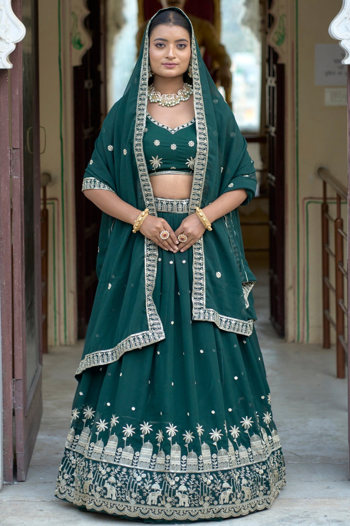 Vedant Vastram Embroidered Heavy Georgette Lehenga Choli With Blouse & Dupatta - Green | Grocsy