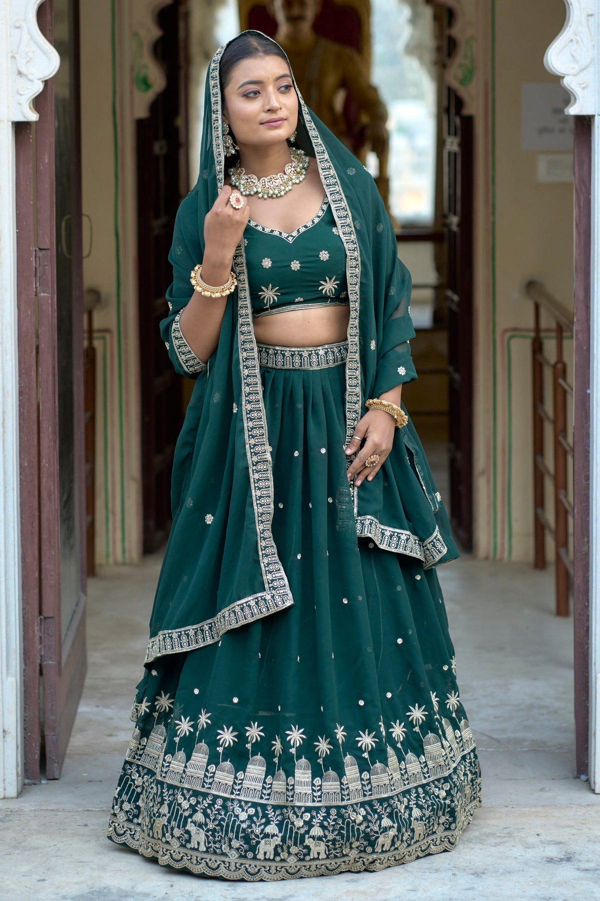 Vedant Vastram Embroidered Heavy Georgette Lehenga Choli With Blouse & Dupatta - Green | Grocsy