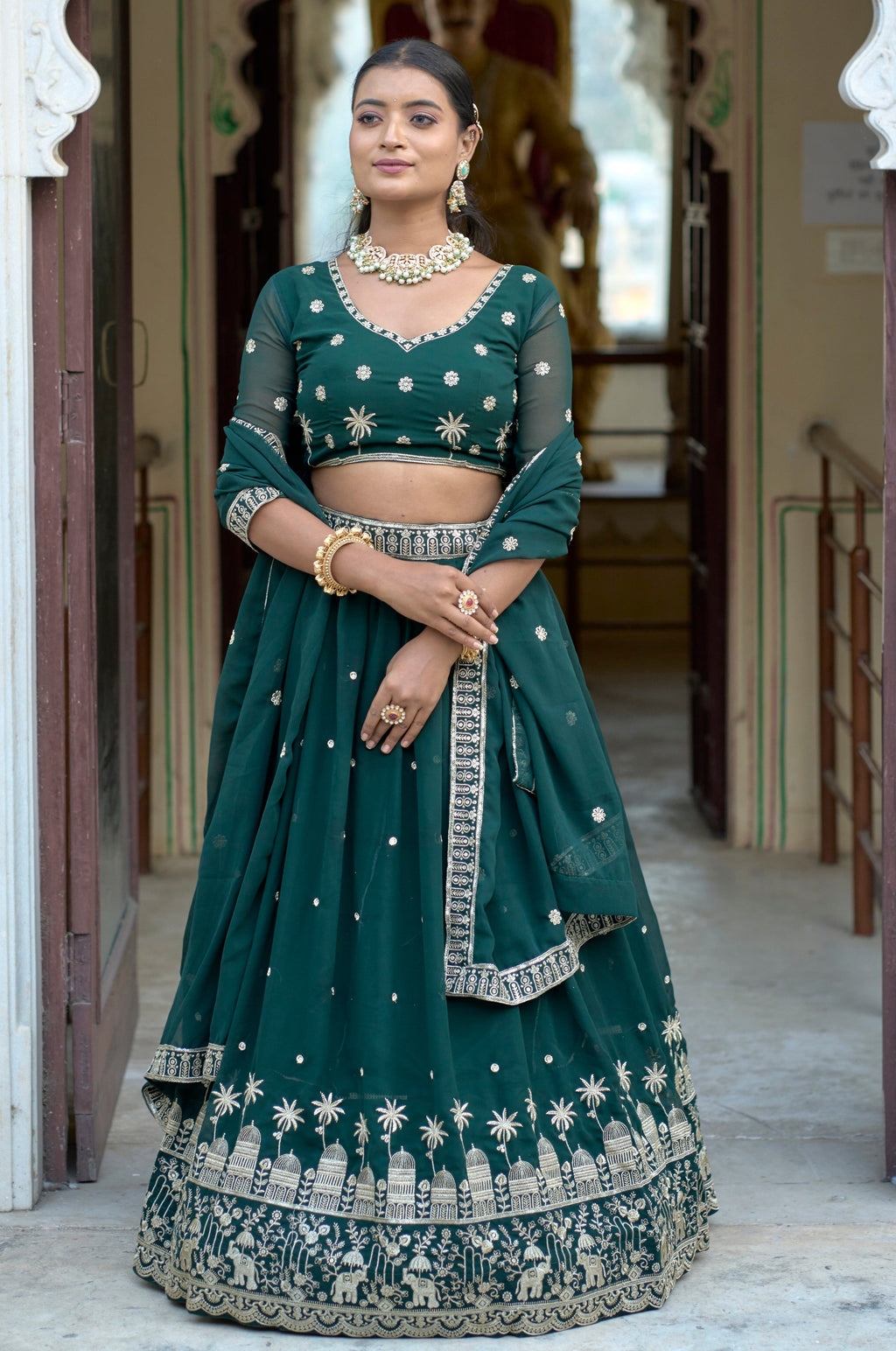 Vedant Vastram Embroidered Heavy Georgette Lehenga Choli With Blouse & Dupatta - Green | Grocsy