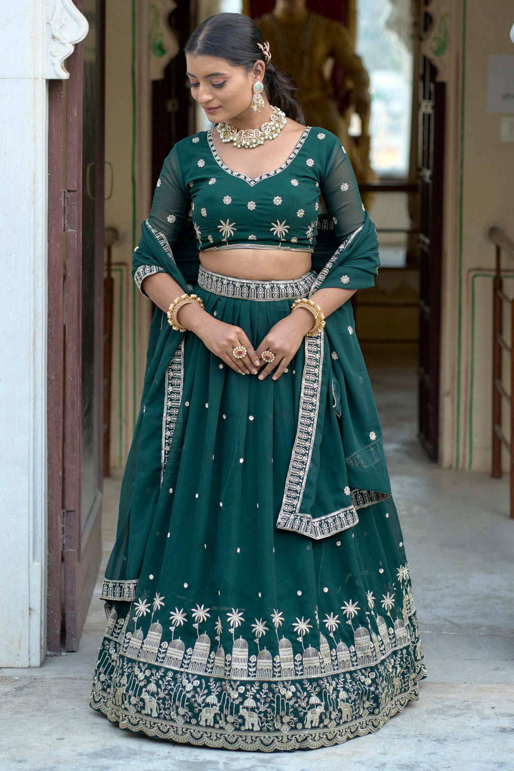 Vedant Vastram Embroidered Heavy Georgette Lehenga Choli With Blouse & Dupatta - Green | Grocsy