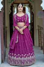 Vedant Vastram Embroidered Heavy Georgette Lehenga Choli With Blouse & Dupatta - Purple | Grocsy