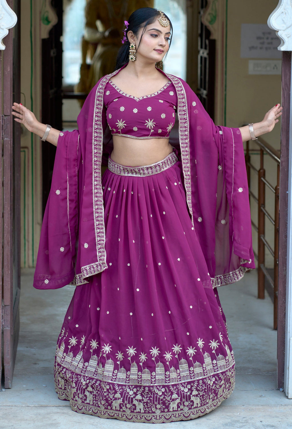 Vedant Vastram Embroidered Heavy Georgette Lehenga Choli With Blouse & Dupatta - Purple | Grocsy