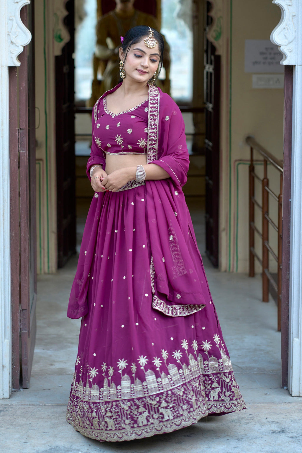 Vedant Vastram Embroidered Heavy Georgette Lehenga Choli With Blouse & Dupatta - Purple | Grocsy