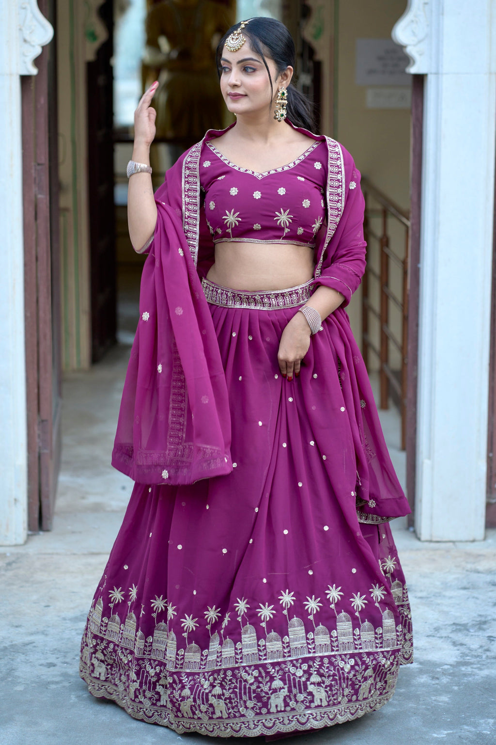 Vedant Vastram Embroidered Heavy Georgette Lehenga Choli With Blouse & Dupatta - Purple | Grocsy