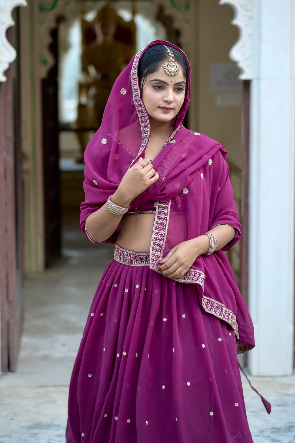Vedant Vastram Embroidered Heavy Georgette Lehenga Choli With Blouse & Dupatta - Purple | Grocsy